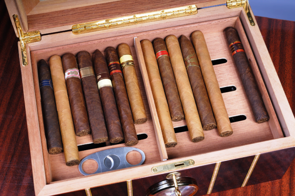 A few cigars and a cutter are placed inside a humidor.