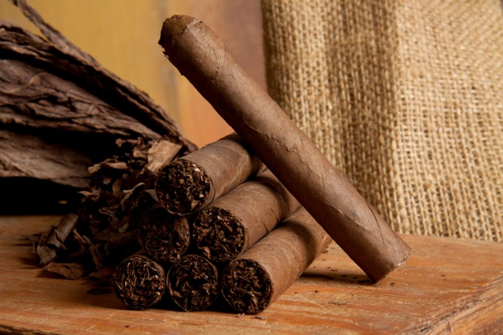 Hand-rolled cigars with a bundle of tobacco leaves on a wooden surface, offering intricate cigar flavors.