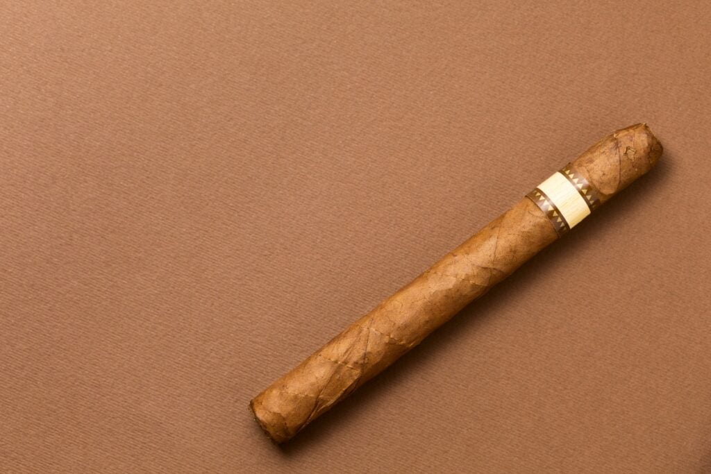 A single cigar with a golden band lies on a brown textured surface, an inviting sight for anyone passionate about cigar collecting.