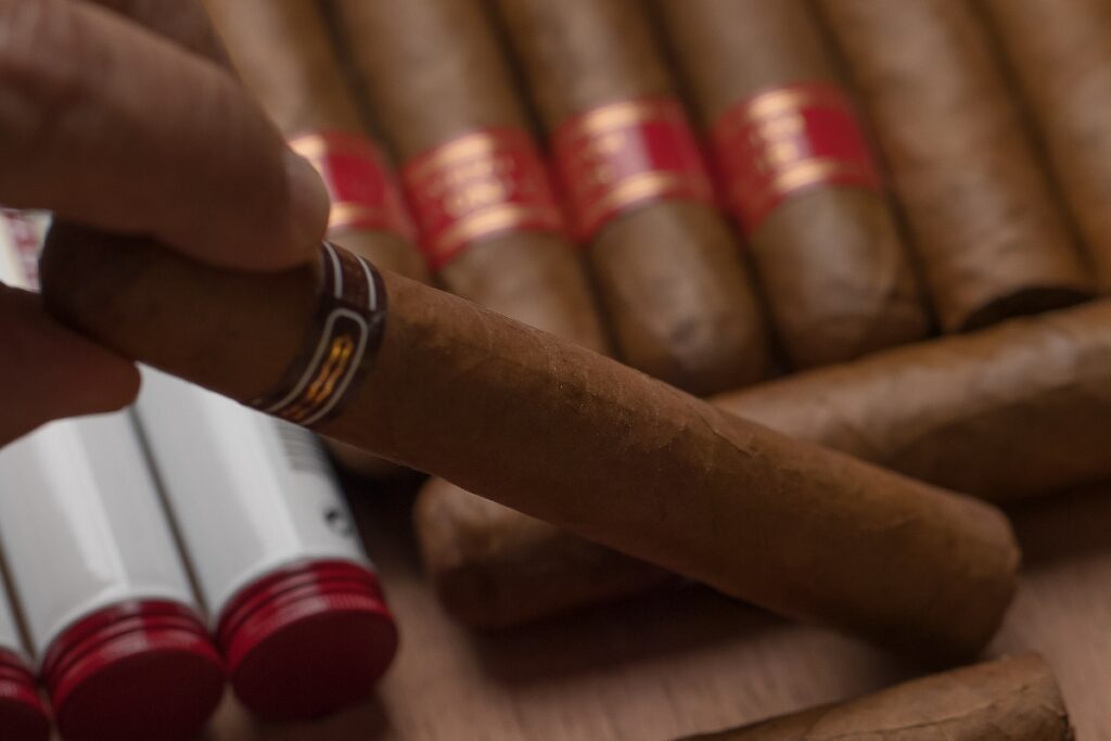 Close-up image of a hand holding a cigar above a table adorned with multiple cigars and cigar tubes, showcasing the art of cigar collecting.