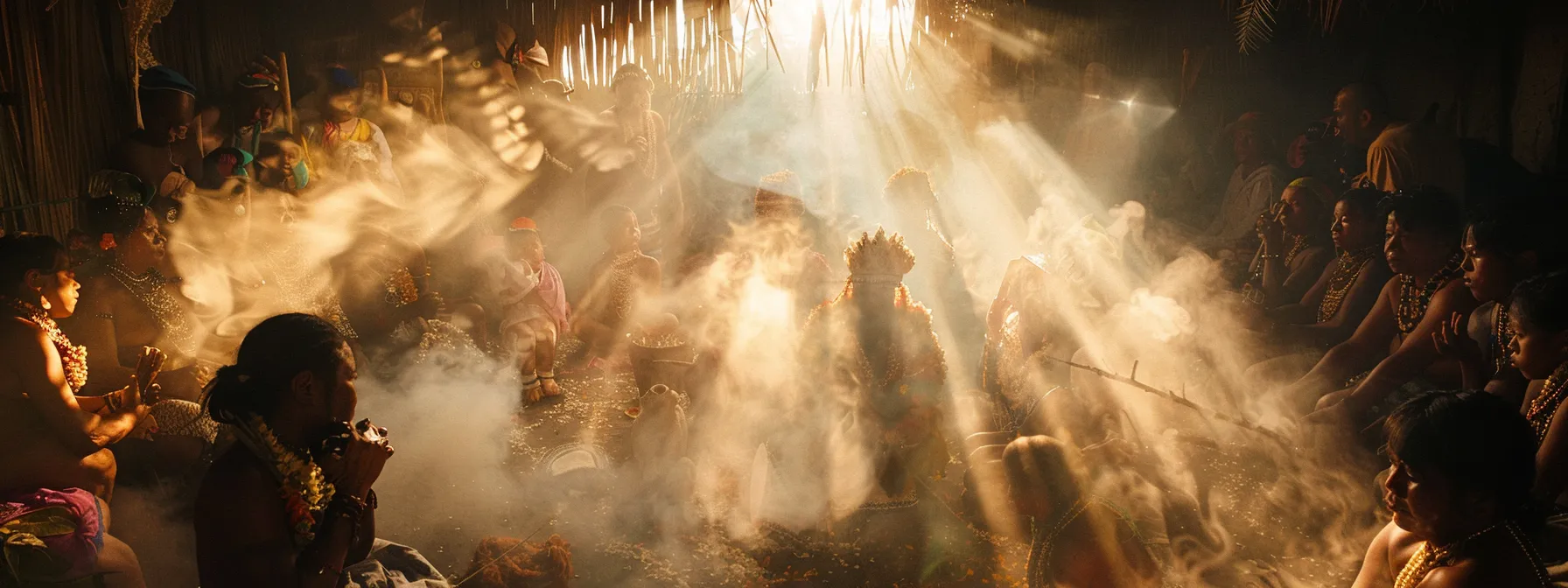 a sacred tobacco ceremony in an ancient indigenous community, surrounded by smoke and tradition.