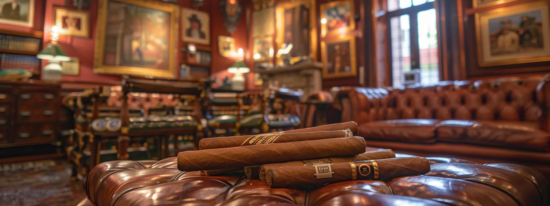 an elegant, vintage cigar lounge adorned with classic paintings and literature, showcasing the rich influence of cigars on art and culture.