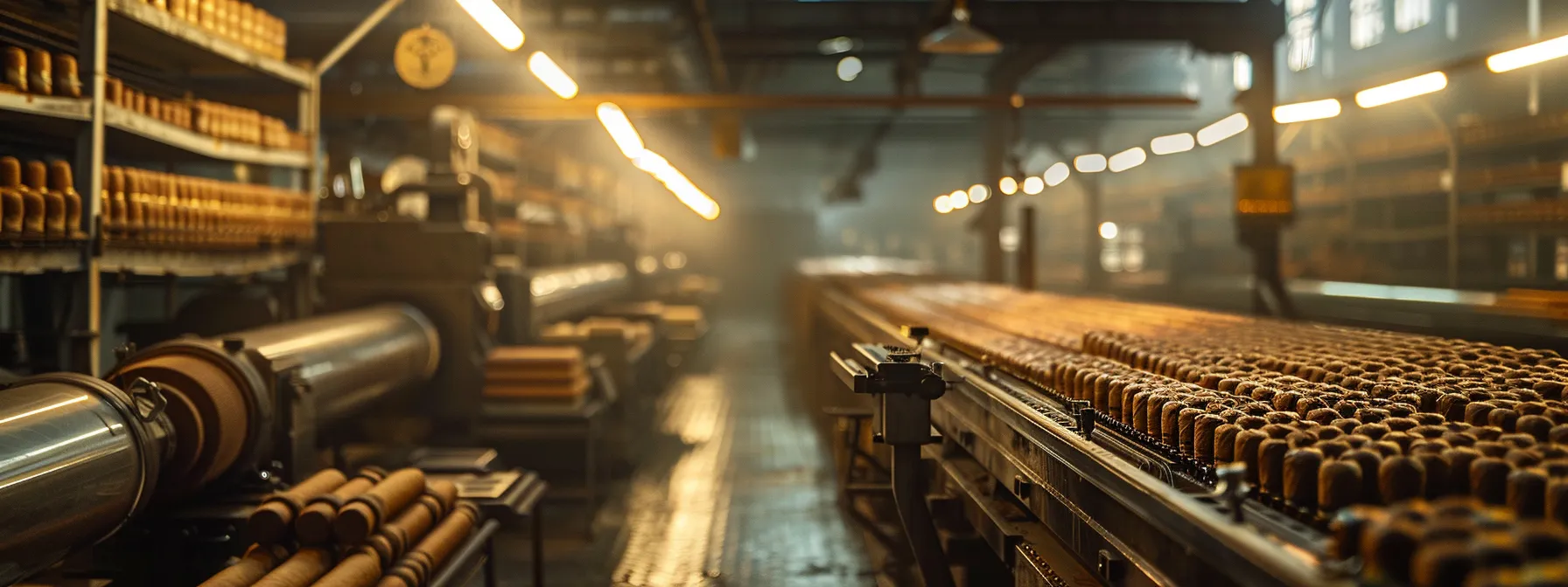 a dimly lit factory floor filled with rows of intricate handcrafted cigars juxtaposed with gleaming modern machines rolling out cigars with mechanical precision.