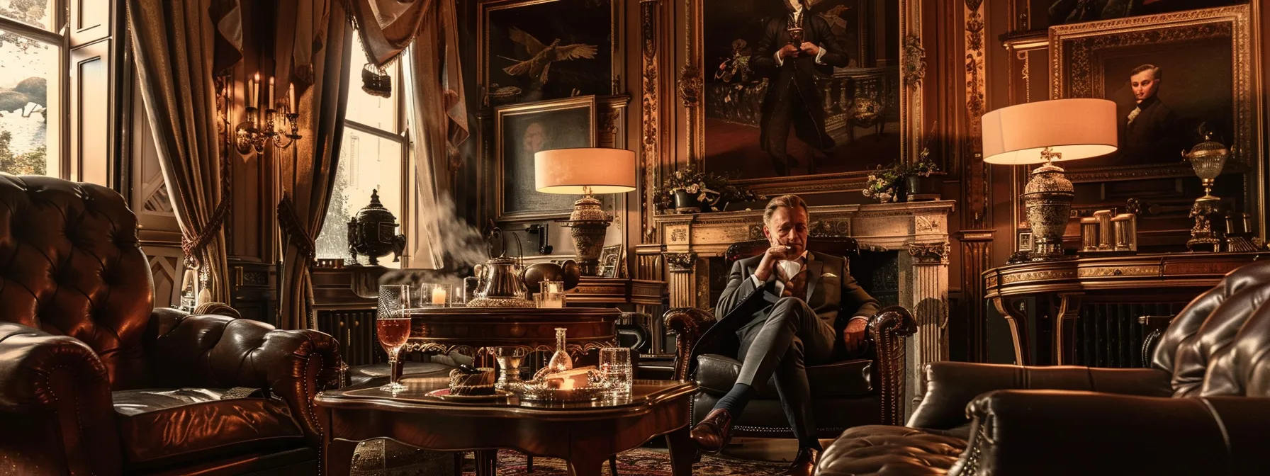 a dimly lit, opulent drawing room adorned with luxurious furnishings, where a distinguished gentleman in a tailored suit and polished shoes elegantly holds a lit cigar, exuding power and status.