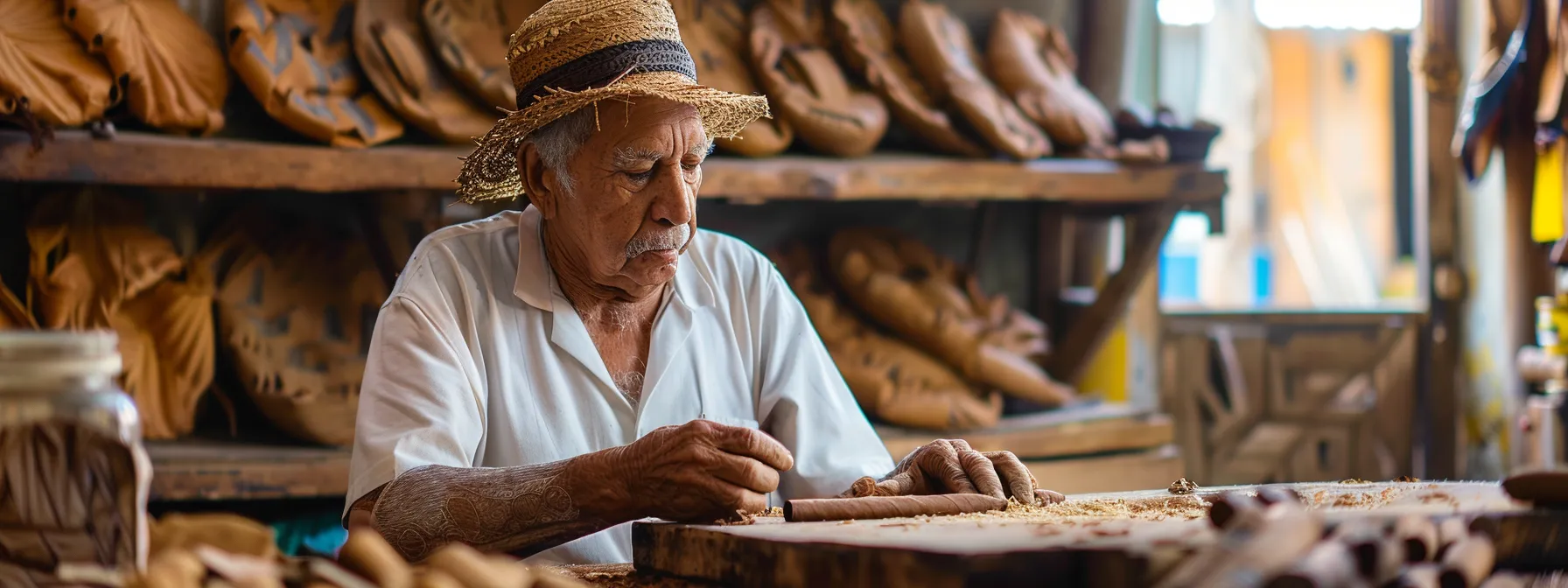 a cigar roller expertly crafting a rich, aromatic cigar in a quaint caribbean workshop.