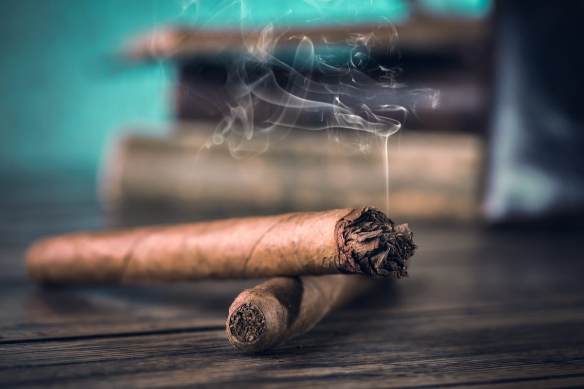 Two cigars rest on a wooden surface, their smoke curling upward, evoking dreams of exotic travel destinations for cigar lovers. The blurred background adds a soft contrast to this scene of indulgence.