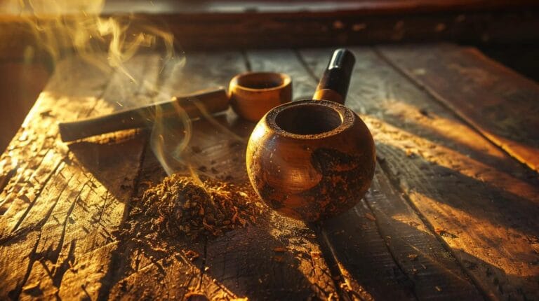 a rustic wooden tobacco pipe and an intricate clay pipe rest on a weathered wooden table, softly illuminated by warm, natural light, evoking a rich atmosphere of flavor and tradition for discerning smokers.