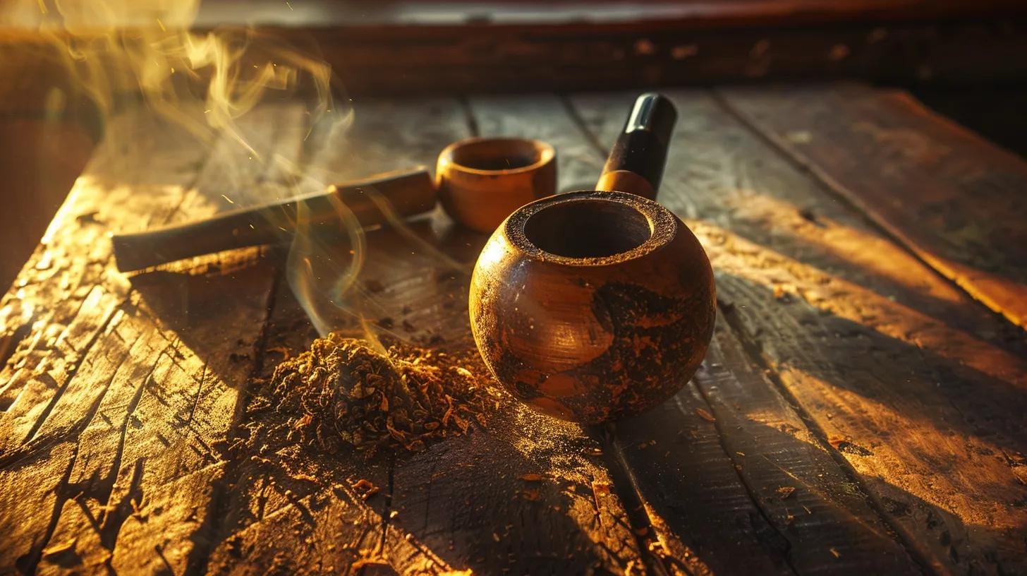 a rustic wooden tobacco pipe and an intricate clay pipe rest on a weathered wooden table, softly illuminated by warm, natural light, evoking a rich atmosphere of flavor and tradition for discerning smokers.